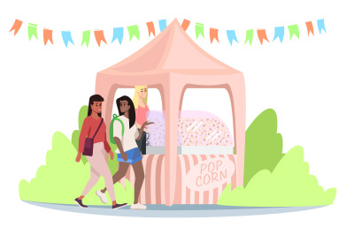 Fast food market stall with popcorn flat vector illustration