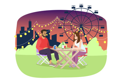 Couple have romantic supper at night fair flat illustration