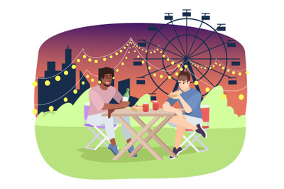 Friends eating pizza at fairground flat vector illustration