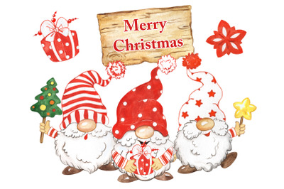 Christmas gnomes watercolor clipart, funny gnomes, lantern, christmas
