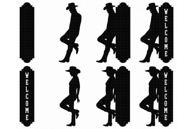 Leaning cowboy and cowgirl on an old western sign SVG, PNG, DXF