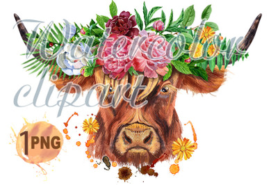 Watercolor illustration of a brown long-horned bull with flowers