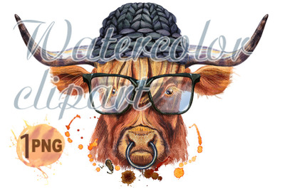 Watercolor illustration of a brown long-horned bull with glasses