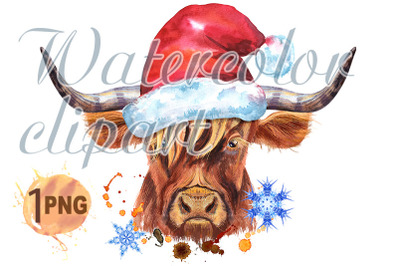 Watercolor illustration of a brown long-horned bull in Santa hat