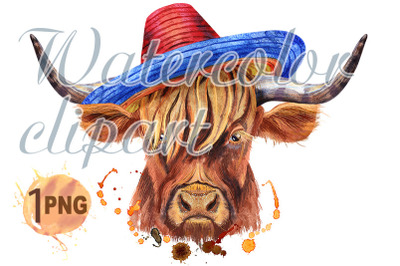 Watercolor illustration of a brown long-horned bull bull in sombrero