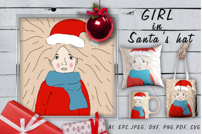 A girl in a Christmas hat SVG file. Sublimation design.