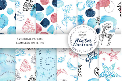 Christmas Digital Paper, Watercolor Abstract Patterns