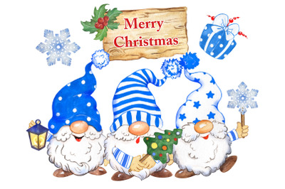 Christmas gnomes watercolor clipart, funny gnomes  blue hats lantern