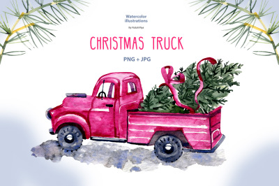 Watercolor christmas truck