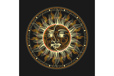 Occult symbol - the stylized faces of the moon and Sun United on one d