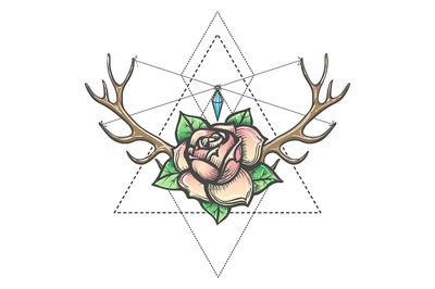 Rose Flower with Antlers horns and Gem Mystic Illustration