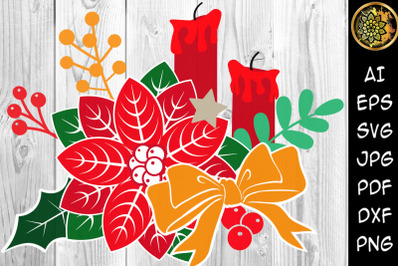 Christmas SVG Poinsettia Candle Set Clipart Design Elements