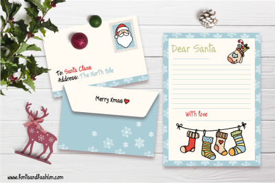 Santa Claus and Xmas socks Doodle letter template
