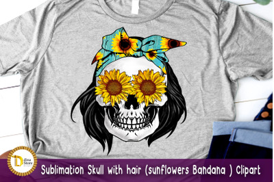Sublimation Skull with hair sunflowers Bandana Clipart