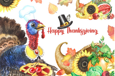 Happy thanksgiving day watercolor clipart. Turkey with pie pumpkin