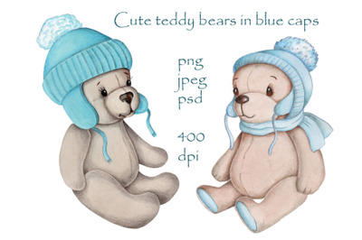 Cute Teddy Bears in blue caps