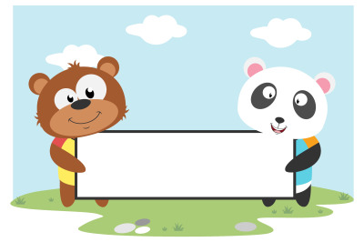 bear and panda hold white board