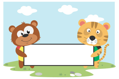 bear and tiger hold white board