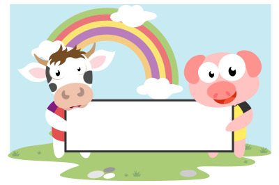 pig and cow hold white board