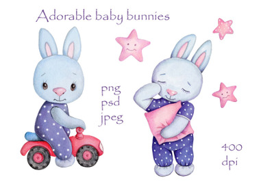 Adorable Baby Bunnies. Watercolor .