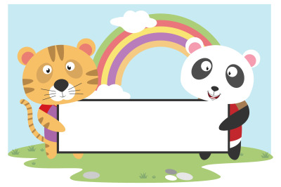 tiger and panda hold white board