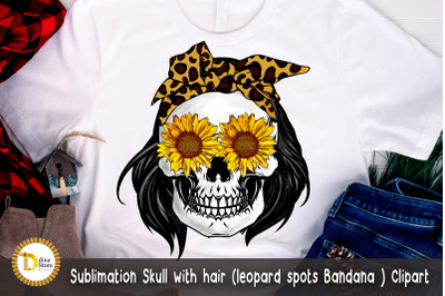 Sublimation Skull with hair leopard spots Bandana Clipart