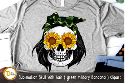Sublimation Skull with hair green military Bandana Clipart