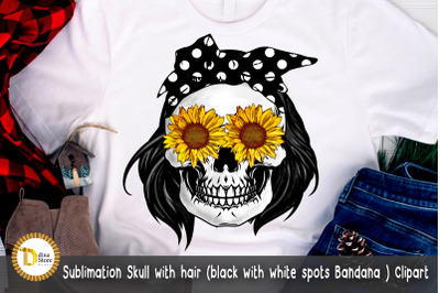 Sublimation Skull with hair black with white spots Bandana