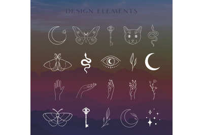 White Logo Elements Illustrations. Esoteric mystic symbols. Tattoo.