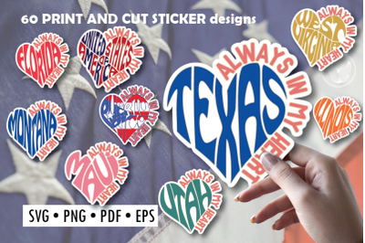 Print and cut sticker designs, Always in my heart, US states