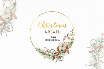 Christmas Wreath Gold PNG, Watercolor Winter Wreath