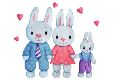 Bunny Family. Watercolor illustration.