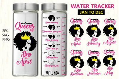 Water Tracker SVG | Melanin queens Birthday months Bundle