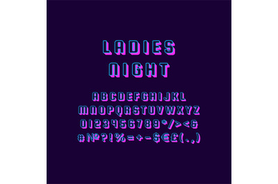 Ladies night vintage 3d vector alphabet set