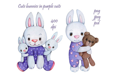 Cute bunnies in purple suits