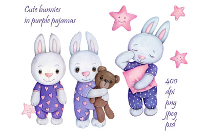 Cute bunnies in pajamas. Watercolor illustrations.