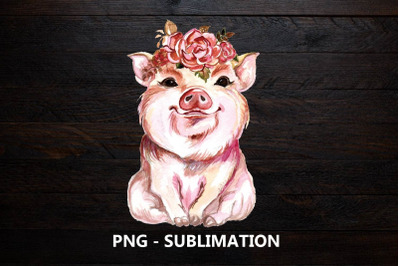 Water color Pig with Floral Crown sublimation design PNG