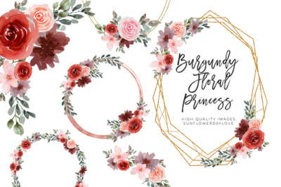 Watercolor flower frame clipart&2C; Wedding Burgundy floral clipart