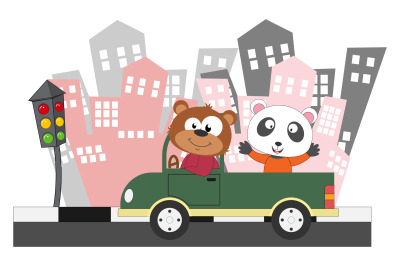 bear and panda ride a car