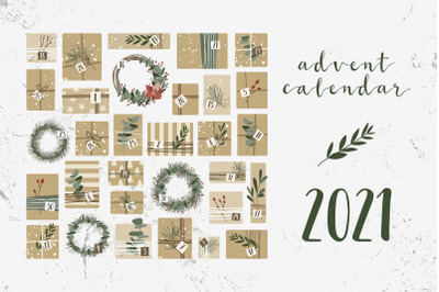 Advent Calendar. Gifts, wreaths. Xmas and New Year. 31 days