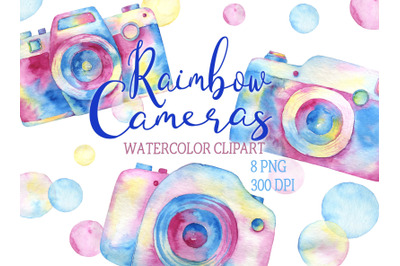 Watercolor rainbow cameras photographer clip art photography multicolo