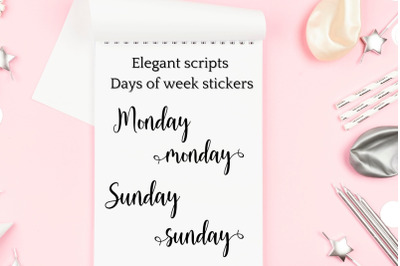 Black Days of the Week Script Stickers&2C; Names of week