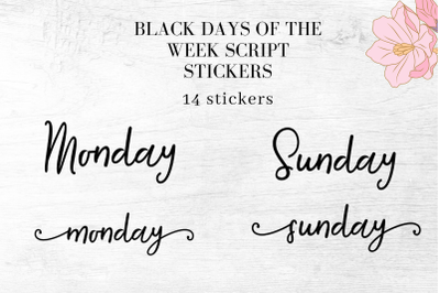 Black Days of the Week Script Stickers&2C; Names of week scripts