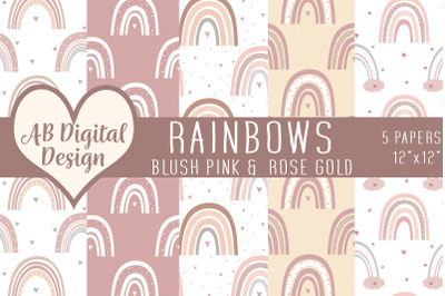 Boho Rainbow Digital Paper Background, Blush Pink Rose Gold