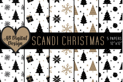 Christmas Digital Paper, Scandinavian Christmas, Black &amp; Gold