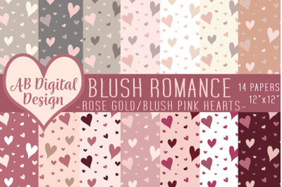 Love Heart Digital Paper Background Blush Pink &amp; Rose Gold, Valentines