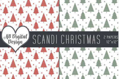 Scandi Christmas Trees Digital Paper Backgrounds, Red &amp; Green