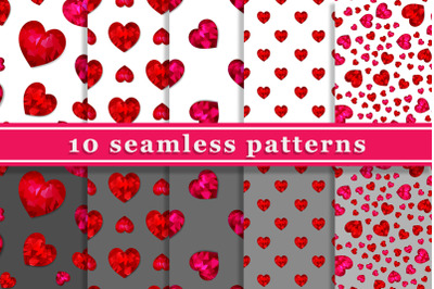 10 seamless patterns with red hearts
