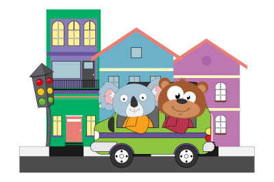 koala and bear ride a car