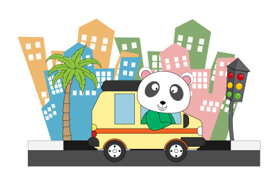 panda ride a car